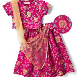 EARTHY TOUCH Single Jersey Knit Half Sleeves Lehenga Choli & Dupatta Set With Floral Print - Pink-image-78