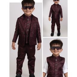 LITTLE COLLARS Jacquard Full Sleeves Geometric Designed 4 Piece Party Suit Set - Maroon-image-2