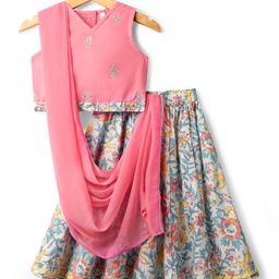 Babyhug Cotton Woven Sleeveless Floral Printed & Embroidered Choli Lehenga Set with Dupatta - Pink-image-63