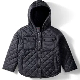 Babyhug Woven Full Sleeves Solid Hooded Quilted Jacket - Black-picture-3