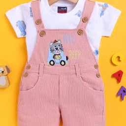 Jb Club Cotton Knit Car Printed & Embroidered Dungaree With Half Sleeves Tee Set - Peach-picture-2