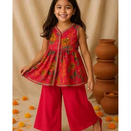 Tales & Stories Viscose Woven Sleeveless Floral Printed & Gota Lace Embellished Kurti & Palazzo Set - Pink-picture-12