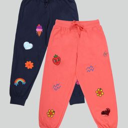 Kiddopanti Pack Of 2 Cotton Knit Ice Cream And Strawberry Printed Track Pants - Navy Blue & Coral-picture-5