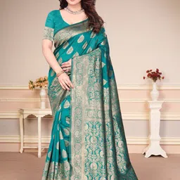 MAGNEITTA Ethnic Motifs Zari Silk Blend Banarasi Saree-image-46