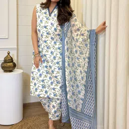 KALINI Floral Printed V-Neck Straight Cotton Silk Kurta With Trousers & Dupatta-picture-54