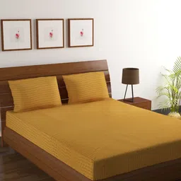 Myntra Elegant Homes Mustard Striped Pure Cotton 210 TC King Bedsheet Set 2.74 m x 2.54 m-image-29
