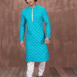 Ethnic India Men Geometric Embroidered Mandarin Collar Cotton Straight Kurta-picture-24
