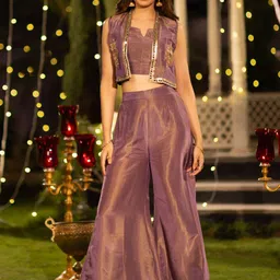 Ambraee Embroidered Top With Palazzo & Jacket-image-3