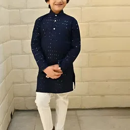 Qtsy Boys Floral Embroidered Mirror Work Pure Cotton Kurta With Pyjamas-image-36