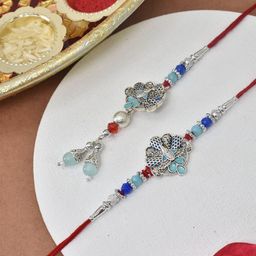 MEIRA JEWELLERY Silver-Plated Stone-Studded & Beaded Bhaiya Bhabhi Rakhi-image-17