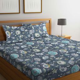 Myntra Elegant Homes Blue & White Floral Printed 300 TC King Bedsheet Set 2.70 x 2.70 m-image-69