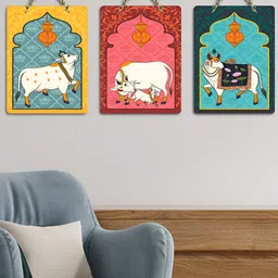 ArtVibes Yellow & Green 3 Pieces Madhubani Printed Wooden Wall Hanging Decors-image-115