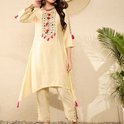 KALINI Ethnic Motifs Yoke Design Thread Work A-Line Kurta with Trousers-10
