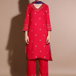 Anouk Pink Floral Printed Embroidered Straight Kurta With Palazzo & Dupatta-image-10