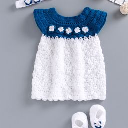 USHA ENTERPRISES Short Sleeves Flower Crochet Dress With Headband & Booties - Blue-image-36