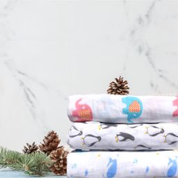Elementary Organic Cotton Muslin Swaddle Wraps Whale Penguin Elephant Print Set of 3 - Multicolor-image-60