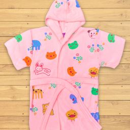 The Little Lookers Half Sleeves Hooded Bath Robe Animal Print - Pink-image-42