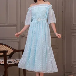 KALINI Off-Shoulder Flared Sleeve Georgette Fit & Flare Midi Dress-16