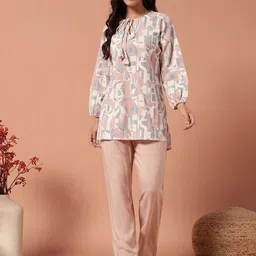 Plagg Geometric Printed Puffed Sleeves Tie-Ups Neck Tunic With Trousers-image-85