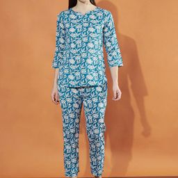 Slenor Floral Printed Round Neck Three-Quarter Sleeves Pure Cotton Top With Trouser-image-53