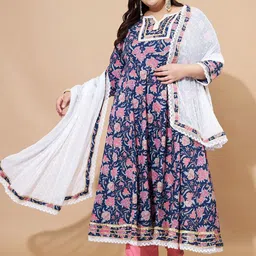 Vbuyz Blue Floral Printed V-Neck Long Sleeves Regular Kurta With Trouser With Dupatta-0