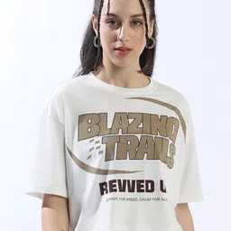 High Star Women Typography Printed Round Neck Cotton Boxy T-shirt-image-96