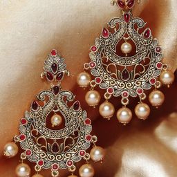 OOMPH Artificial Stones Studded & Pearls Beaded Peacock Shaped Chandbalis-11