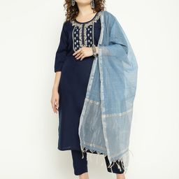 HouseOfCommon Women Ethnic Motifs Embroidered Thread Work Kurta with Trousers & Dupatta-image-68