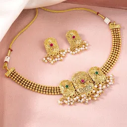 Peora Gold-Plated Beaded & Stones Studded Jewellery Set-image-82