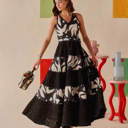Sage by Mala Women Abstract Printed V Neck Fit & Flare Maxi Dress-picture-19