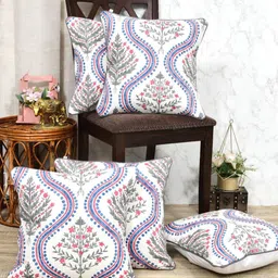 Clasiko White & Blue 5 Pieces Floral Printed Cotton Square Cushion Covers-image-79