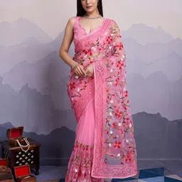 HERE&NOW Floral Embroidered Net Saree With Blouse Piece-picture-9
