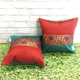 Pink Parrot Red & Gold-Toned Set of 2 Ethnic Motifs Square Cushion Covers-image-7