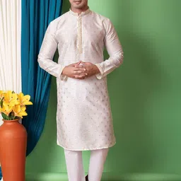 NFC CREATION Floral Embroidered Mandarin Collar Straight Dupion Silk Kurta With Pyjamas-76