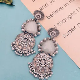 Sangria Silver Plated Stone Studded & Beaded Drop Earrings-image-89