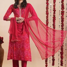 GoSriKi Women Bandhani Printed Regular Kurta with Trousers & With Dupatta-6