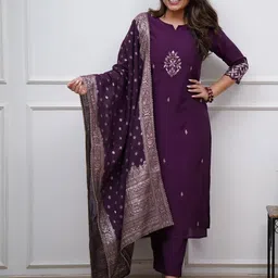 CaniBani Occasional Embroidared Wine Straight Kurta Suit Set-10