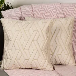 Modern Geometric Design Cream Color Velvet Cushion Cover, Set of 2 Piece-image-80