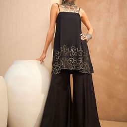 Shae by SASSAFRAS Floral Embroidered Shoulder Straps A Line Kurti With Palazzos-10