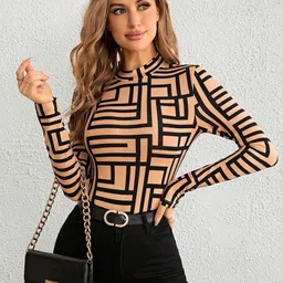 Stylecast X Slyck Geometric Printed High Neck Long Sleeves Fitted Top-image-9