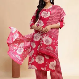 GULMEHAK Floral Printed Thread Work Pure Cotton Straight Kurta With Trousers & Dupatta-picture-35