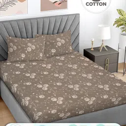 FABINALIV Beige Floral Printed 300 TC Cotton King Bedsheet 2.50 m x 2.25 m-image-3