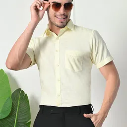 DESIGN UP Men Standard Slim Fit Solid Spread Collar Linen Formal Shirt-image-11