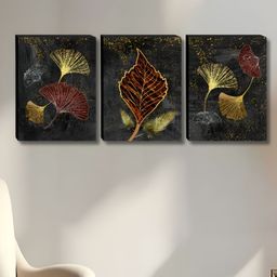Aura Grey & Gold-Toned 3 Pieces Leaf Printed Wooden Wall Paintings-8