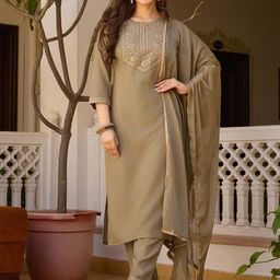 Anouk Floral Yoke Design Sequinned Round Neck Straight Kurta With Trousers & Dupatta-64