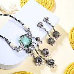 Anvik Silver-Plated Artificial Stones Studded And Beaded Oxidized Neckless And Earrings-image-15