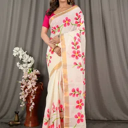 DipDiya Floral Zari Pure Cotton Handloom Taant Saree-image-74