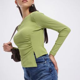 glitchez Ruched Fantasy Asymmetric Neck Ribbed Top-image-40