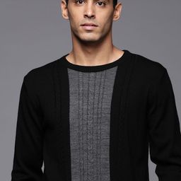Raymond Men Black & Grey Colourblocked Pullover with Cable Knit Detail-picture-16