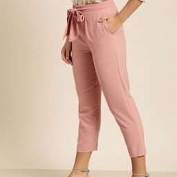 all about you Women Pink Solid Cropped Regular Trousers with Waist Tie-Up detail-17